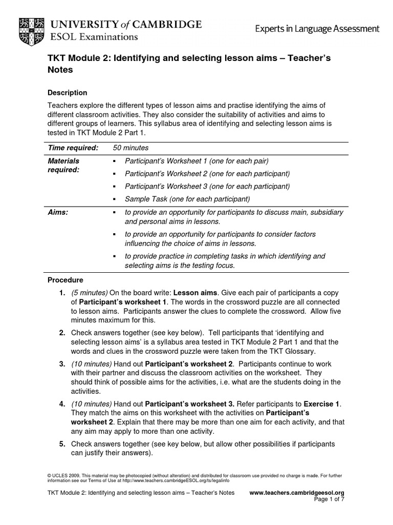 Tkt Module 2 Identifying And Selecting Lesson Aims Pdf Download Free