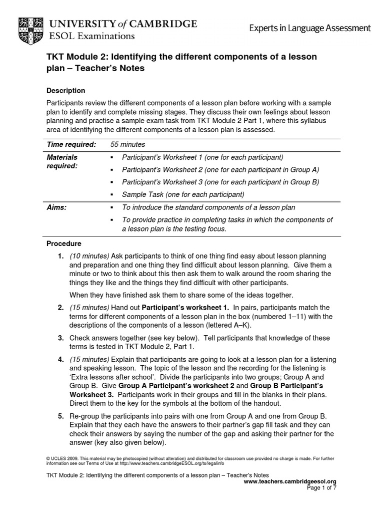 TKT Module 2 Identifying The Different Components of A Lesson Plan PDF