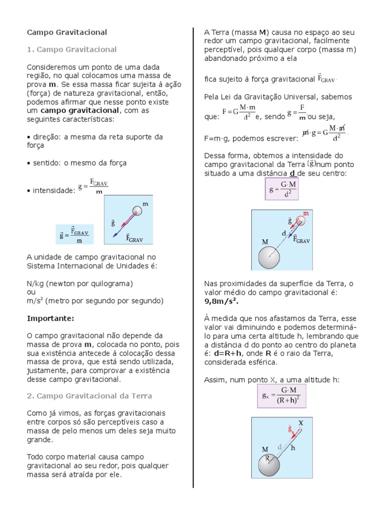 Campo Gravitacional: Conceitos e Cálculos | PDF | Gravidade | Massa