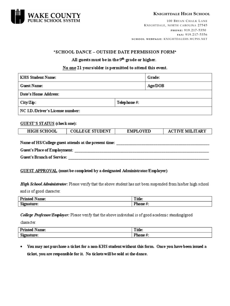 School Dance - Outside Date Permission Form All Guests Must Be in The 9 ...