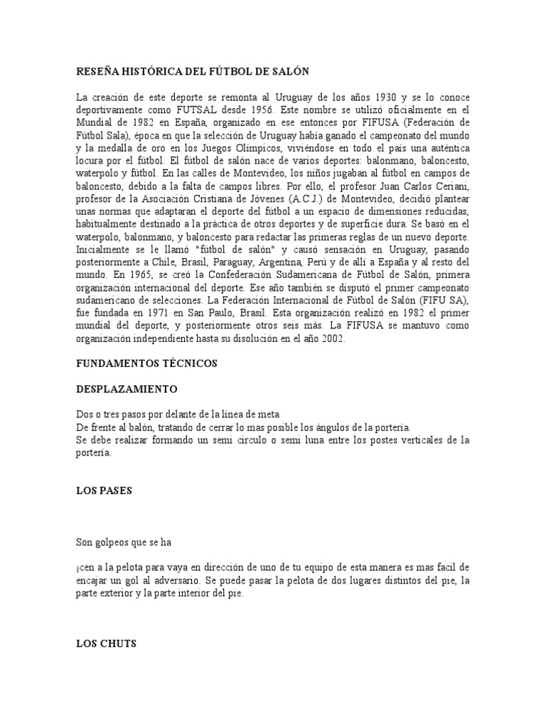 Reseña Histórica Del Fútbol de Salón Asociación de