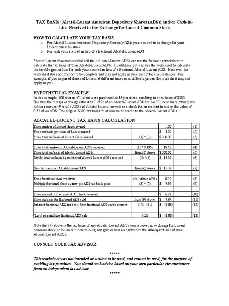 worksheet Shareholder Basis Worksheet alcatel lucent tax basis worksheet american depositary receipt