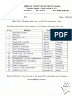 Of Holidays During The Year 2015 For The Institute - Reg. The Following Holidays Will Be Observed in The Institute During The Year 2015