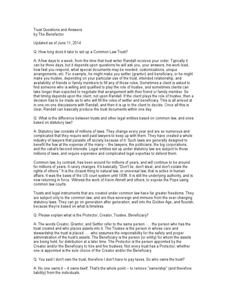 FAQ Common Law Trust PDF Trust Law Trustee