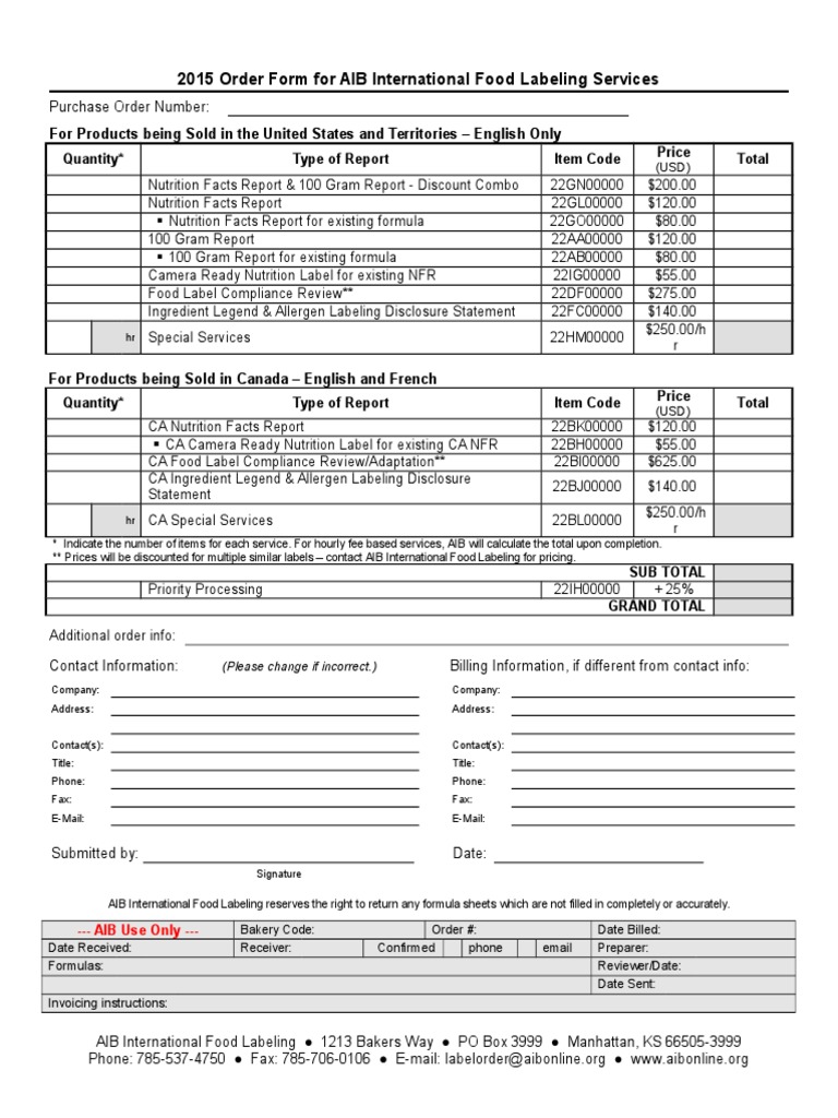 AIB Food Labeling Services Order Form | PDF