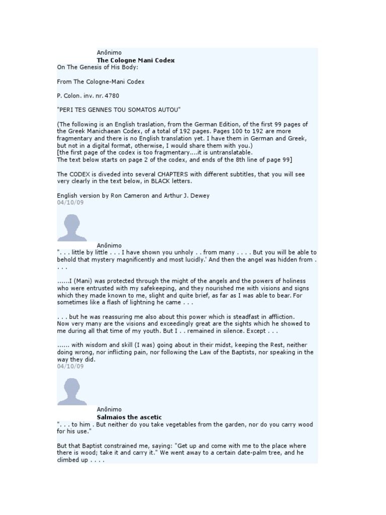 Cologne Mani Codex PDF Mythology Theology