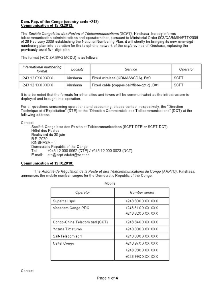 DRC Telecom Numbering Plans | PDF | Kinshasa | Telephony