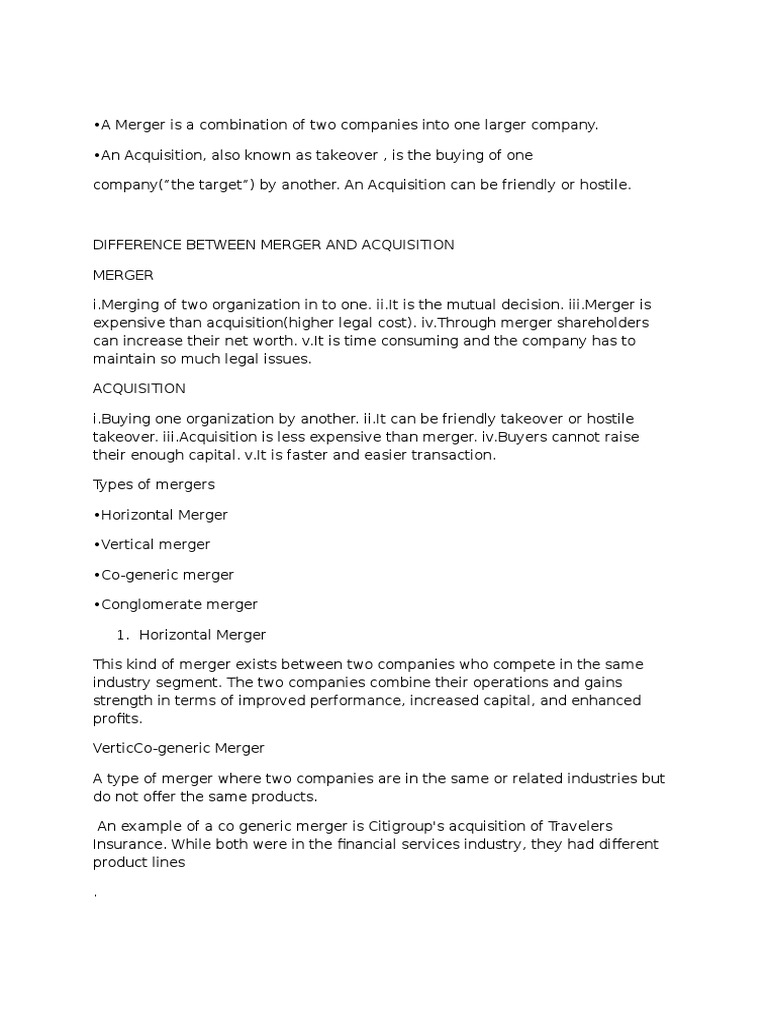 Types and Importance of Company Mergers | PDF | Takeover | Mergers And ...