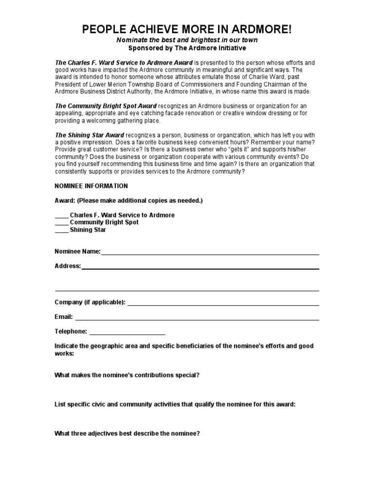 Award Nomination Form PDF Business
