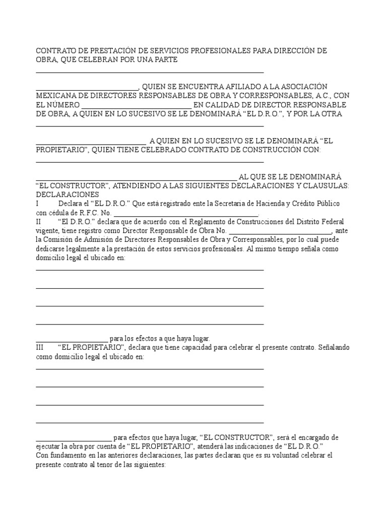 Contrato de Prestación de Servicios Profesionales Para Dirección de Obra Planificación urbana