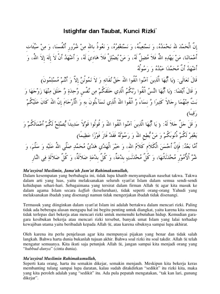 Khutbah Jum At Istighfar Dan Taubat Kunci Rizki Pdf