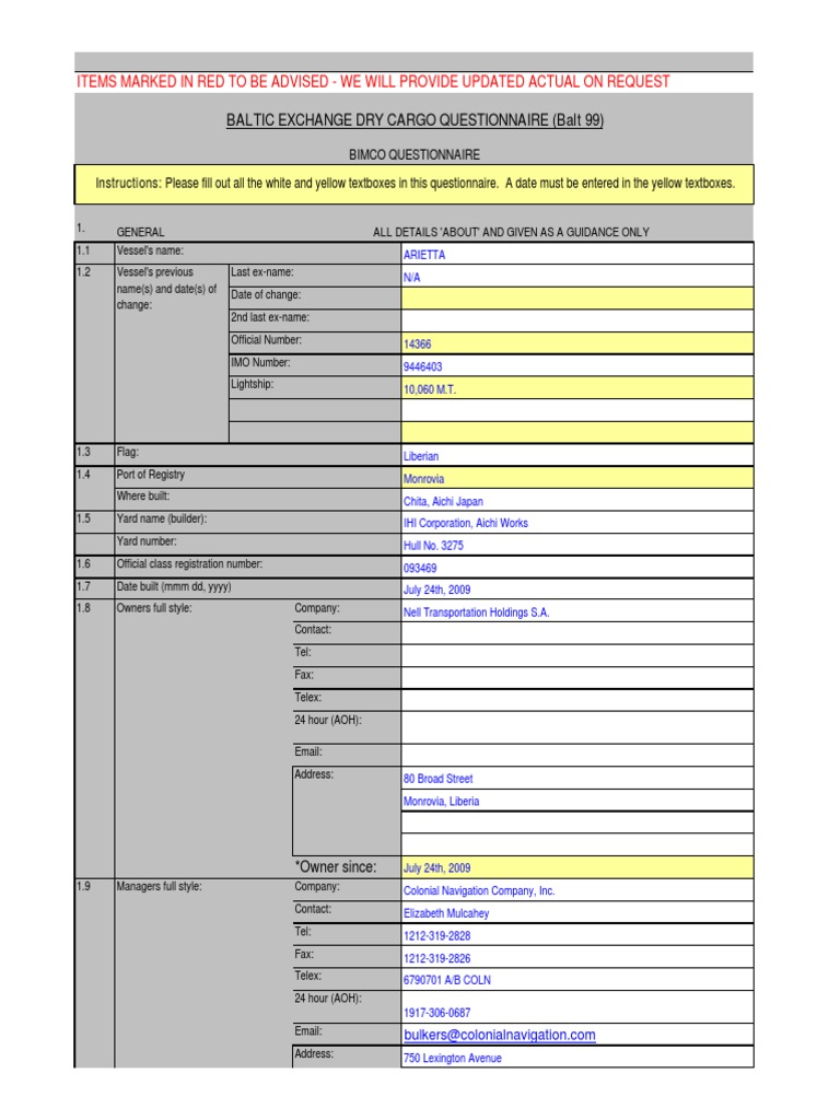 Baltic Exchange Dry Cargo Questionnaire | PDF | Tonnage | Crane (Machine)