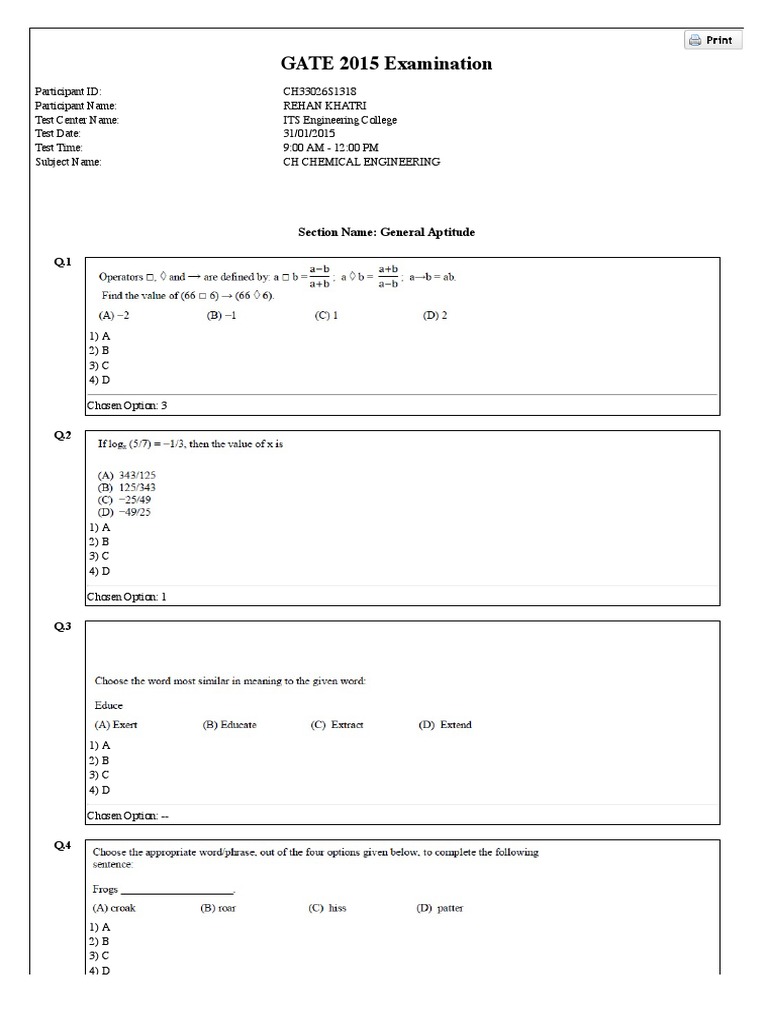 GATE 2015 Chemical Engineering Exam | PDF | Science & Mathematics