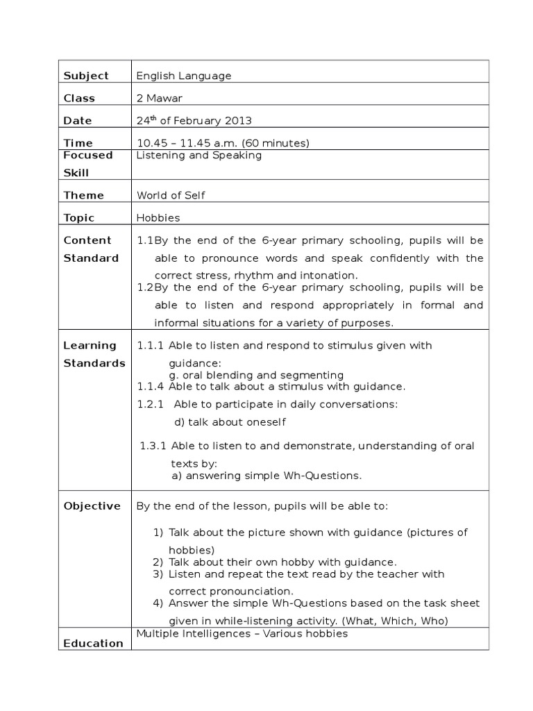Hobbies Lesson Plan for ESL Students | PDF | Lesson Plan | Question