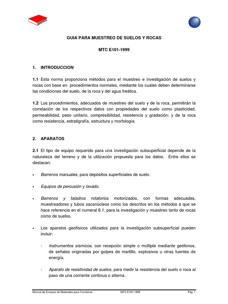 Guía MTC E101: Muestreo de Suelos | PDF | Agua subterránea | Suelo