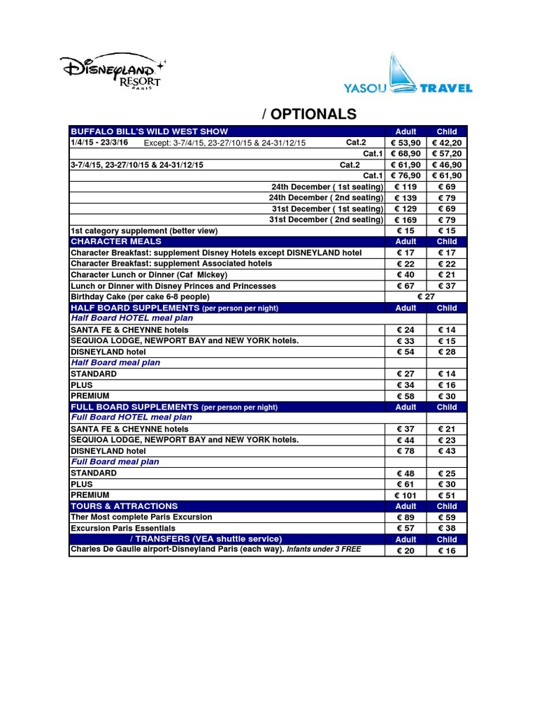 Disneyland Optionals Rates PDF