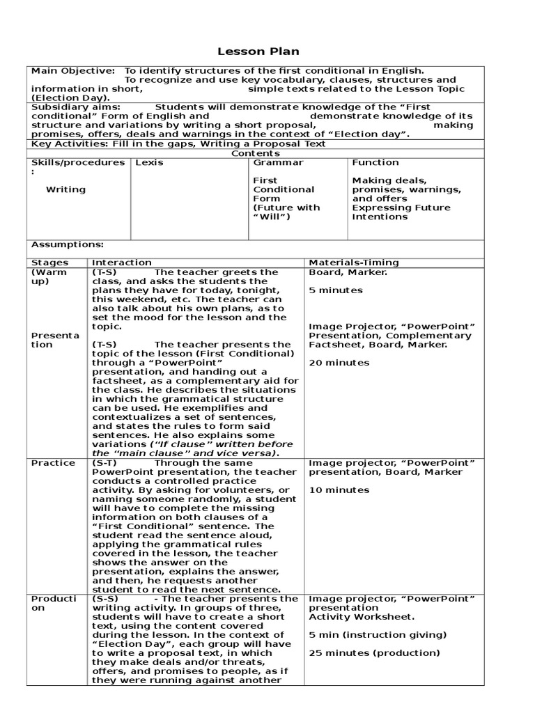 First Conditional Lesson Plan Sentence Linguistics Behavior Modification