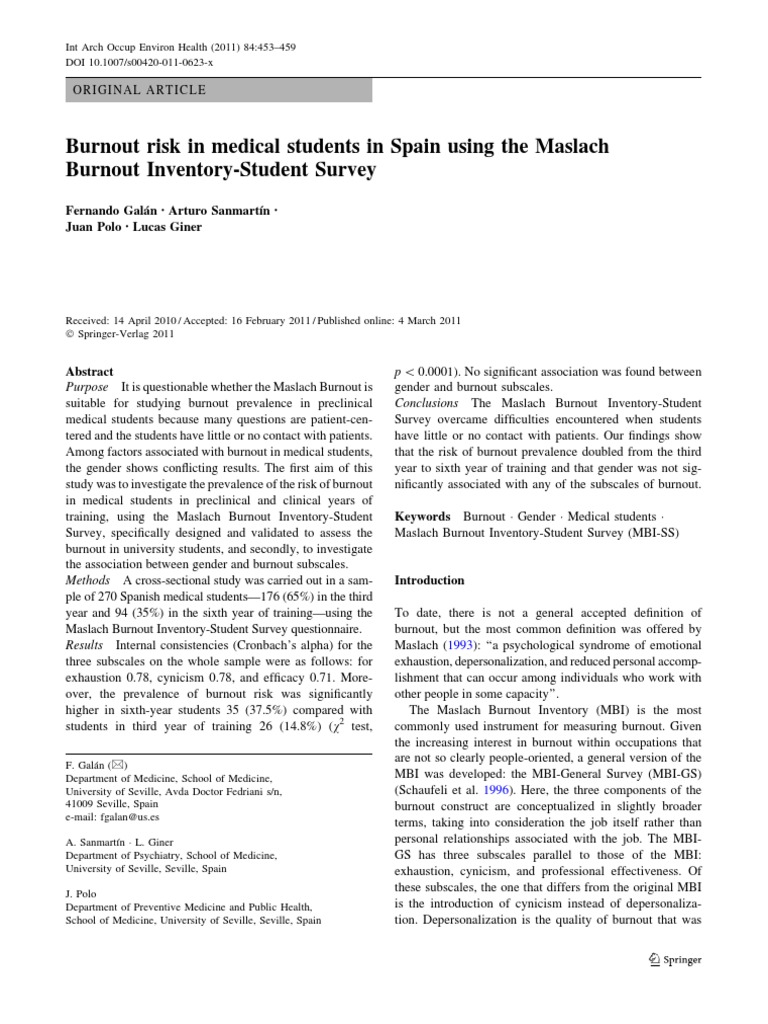 Burnout Risk in Spanish Medical Students | PDF | Occupational Burnout ...
