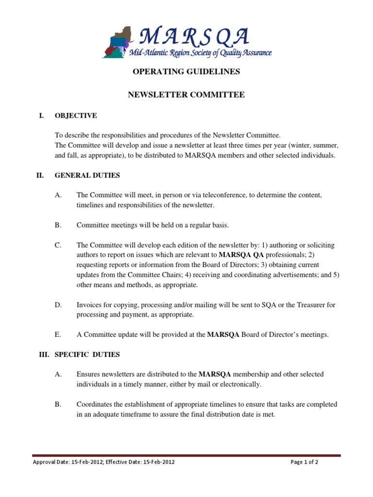 MARSQA Newsletter Committee Guidelines | PDF | Board Of Directors | Mail
