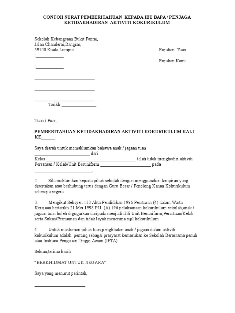 Contoh Surat Pemberitahuan Kepada Ibu Bapa Pdf
