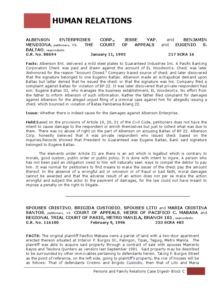 MAIN DIGEST - Human Relations | PDF | Damages | Legal Concepts