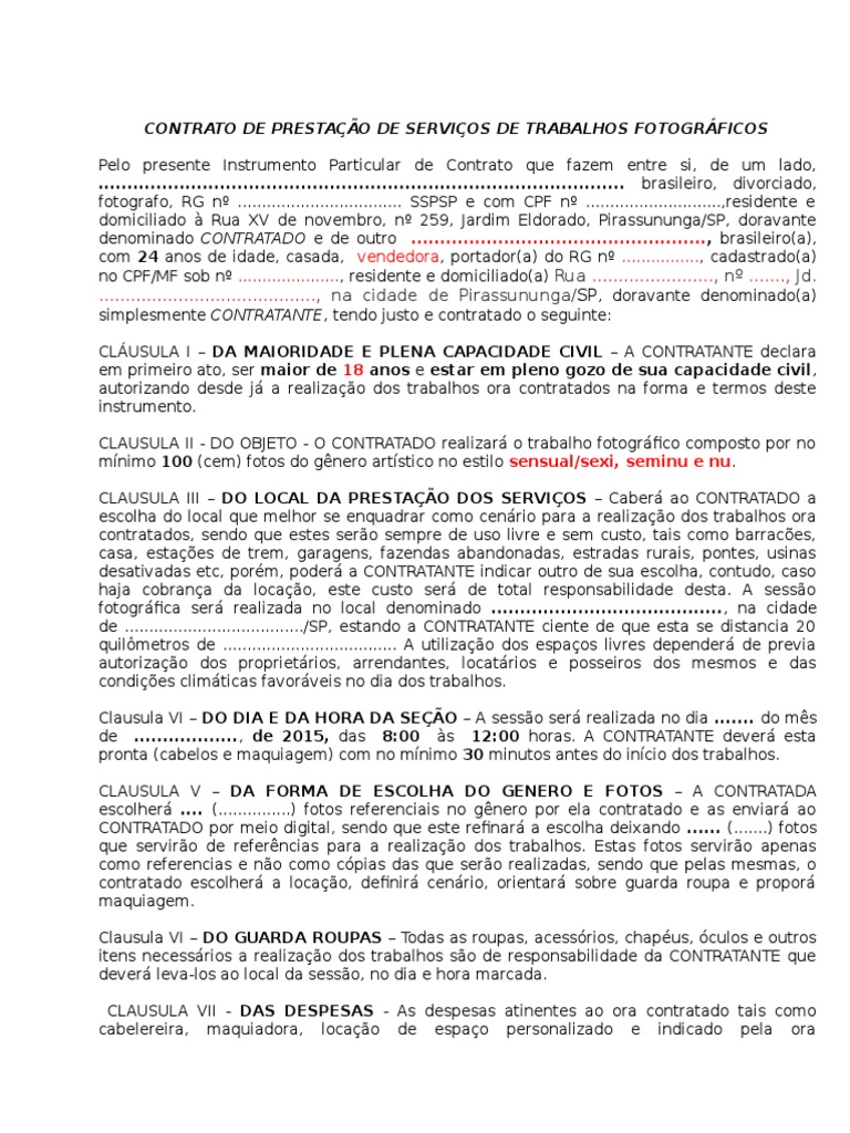 Contrato Fotografico e Autorização de Uso de Imagem Silmultaneo Modelo