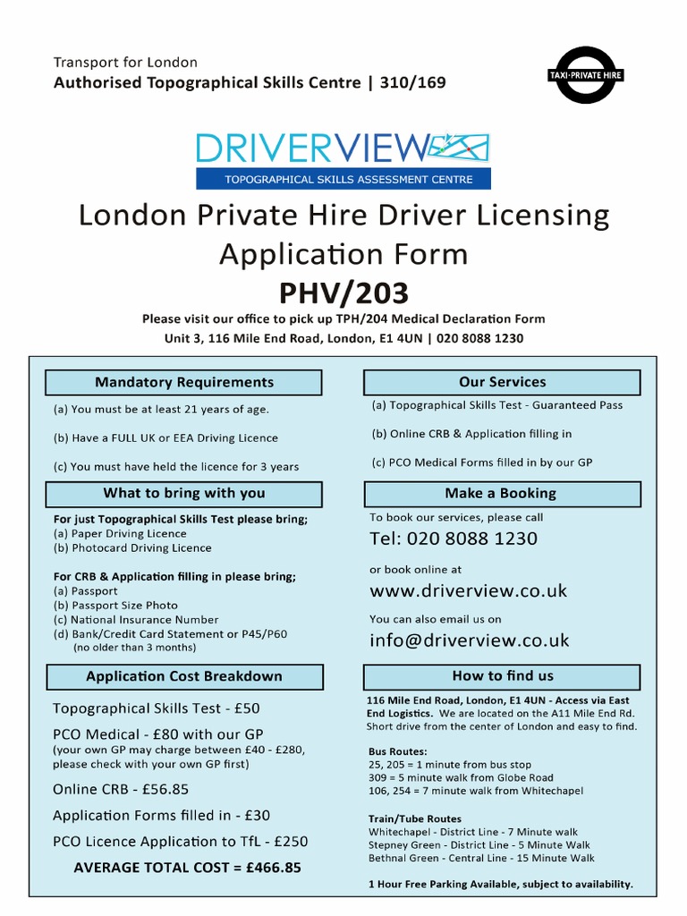 PCO Application Form PHV/203 PDF Driving Transport