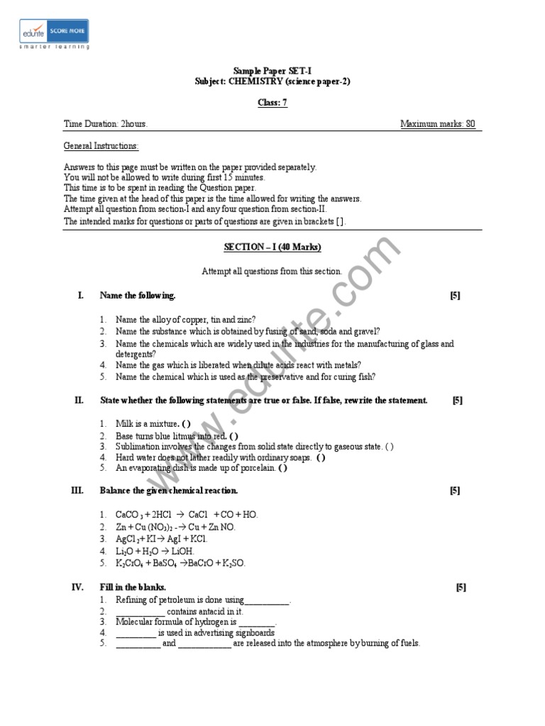 Icse Class 7 Chemistry Sample Paper Set 1 PDF Chemical Substances
