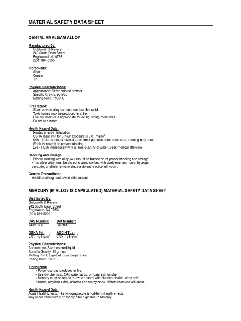 Royale High Copper Amalgam Alloy MSDS PDF PDF Mercury (Element