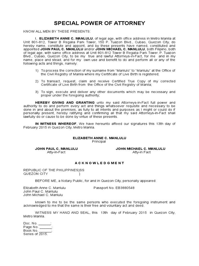 Special Power of Attorney Document | PDF | Social Science | Law
