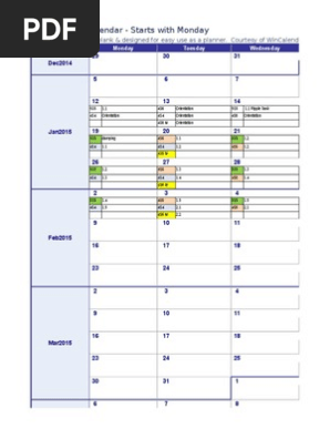 2015 Weekly Calendar Monday