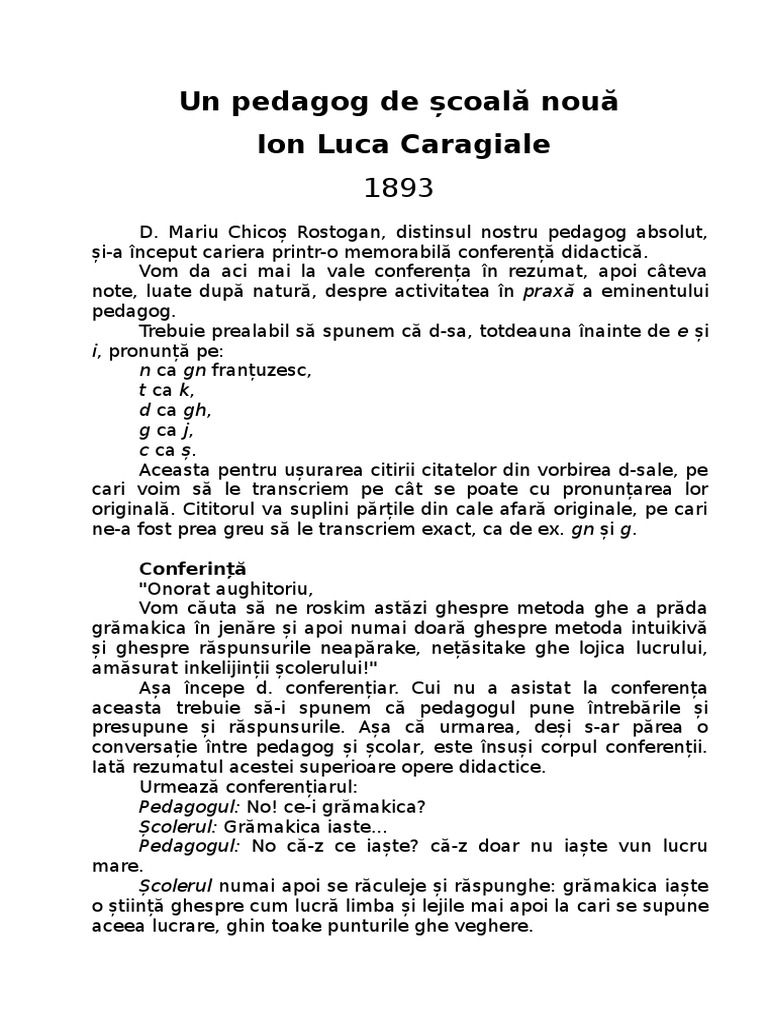 Rezumat Un Pedagog De Scoala Noua Un Pedagog de Scoala noua-I.L.Caragiale