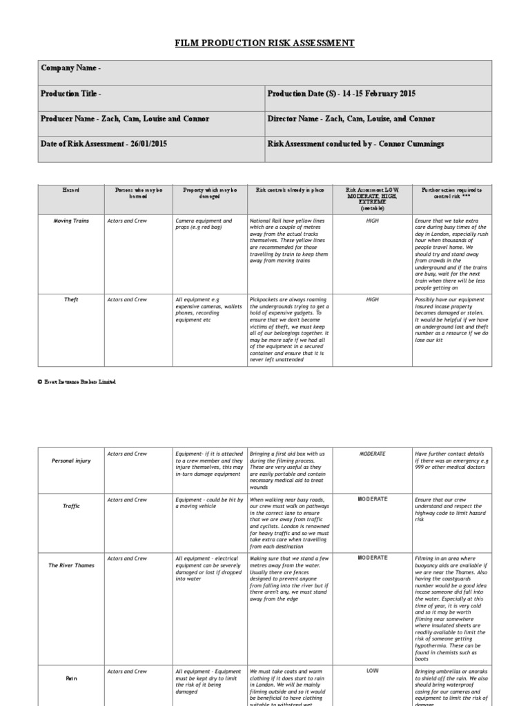 Film Production Risk Assessment Form | Traffic | Risk