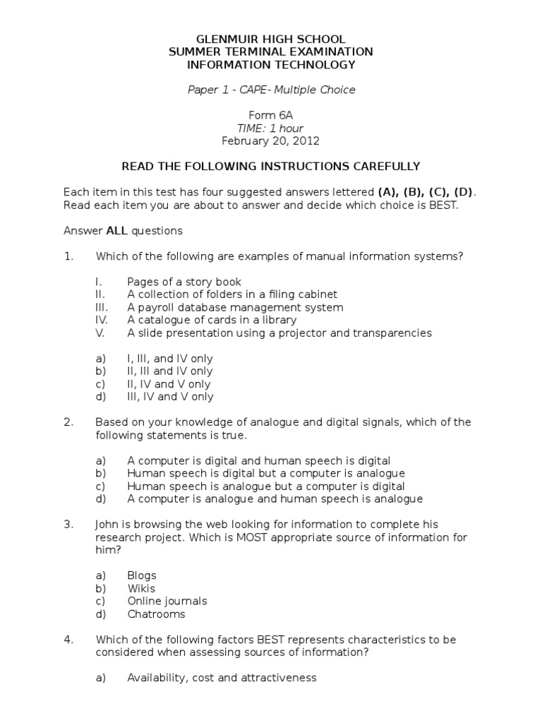 Information Technology Exam MCQs | PDF | Computing | Digital Technology