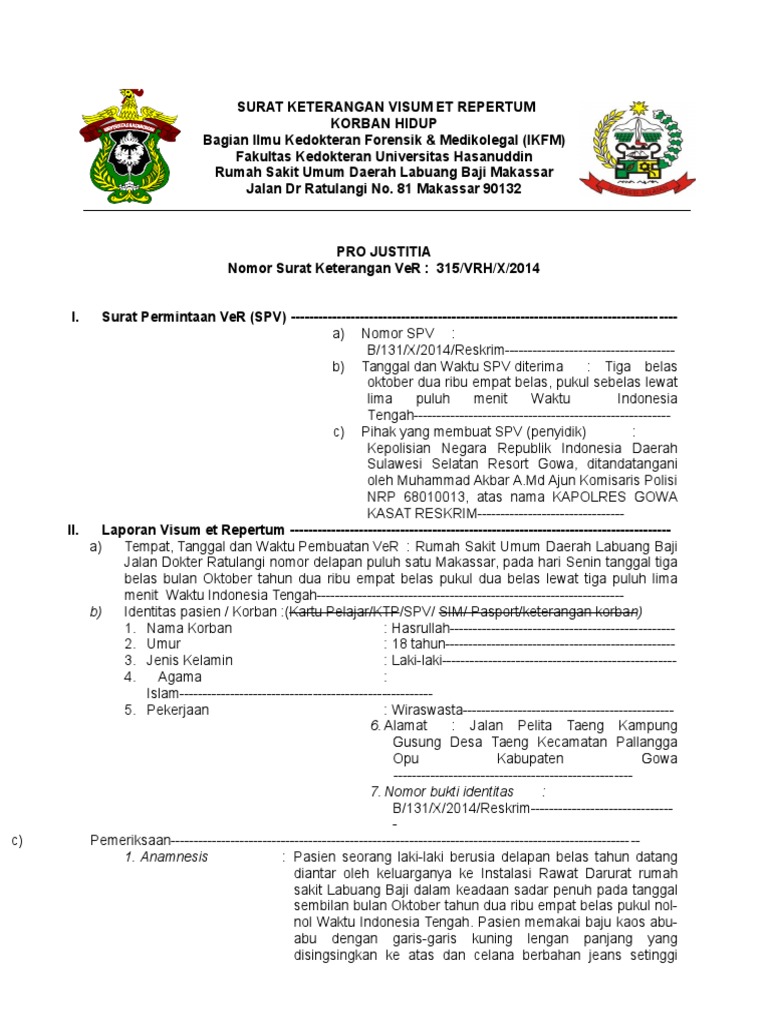 Contoh Surat Keterangan Visum Et Repertum Pdf