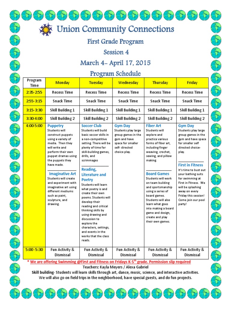 UES 1st Grade Program Schedule Session 4 2015 | PDF | Social Science | Art