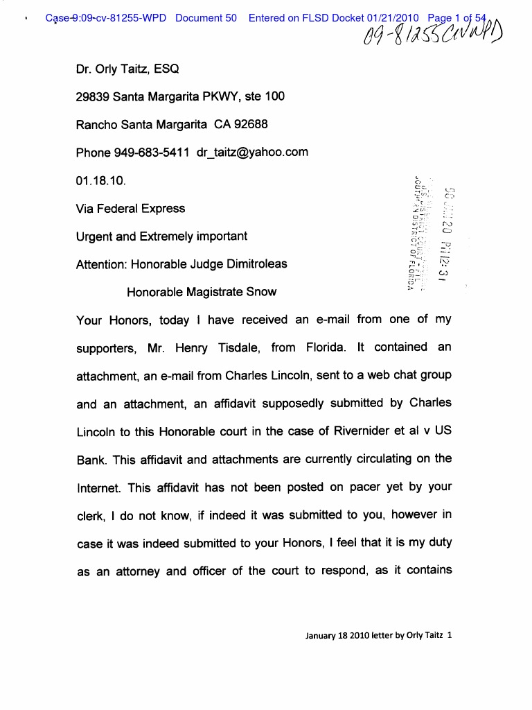 RIVERNIDER v U.S. BANK 50 NOTICE to the Court re by Orly