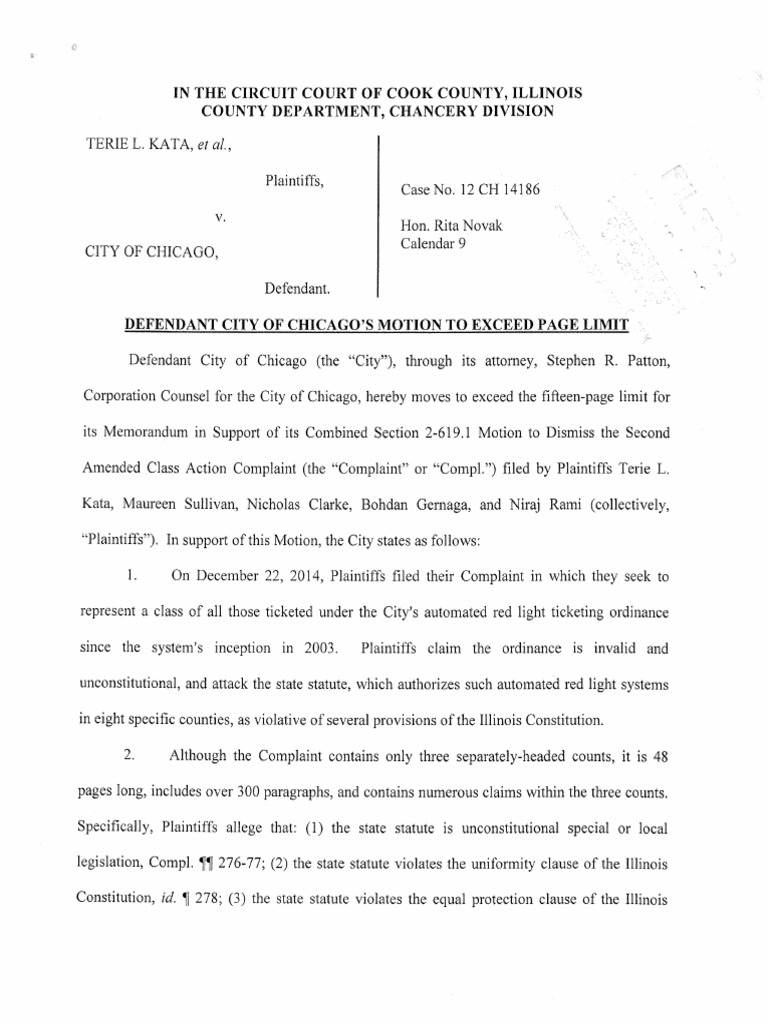 City of Chicago Motion To Dismiss Red Light Case | PDF | Rational Basis  Review | Lawsuit