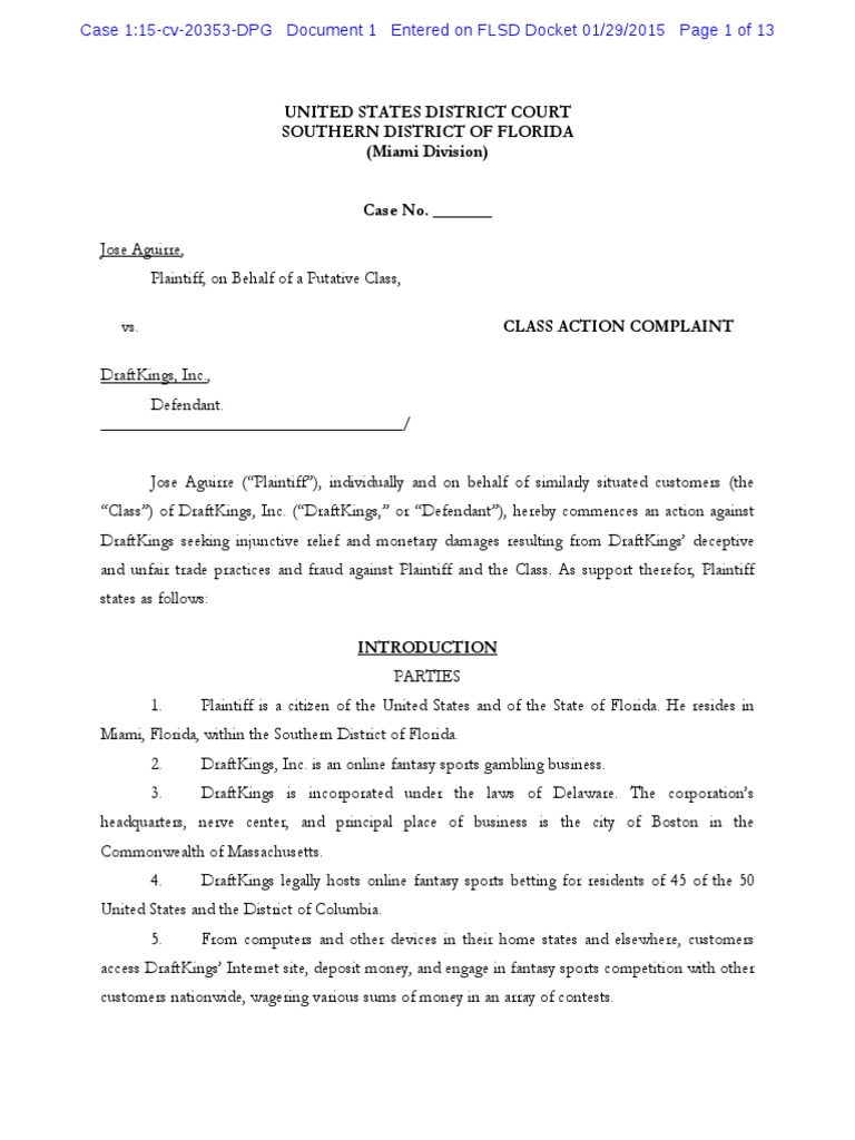DraftKings Class Action Lawsuit PDF Class Action Personal