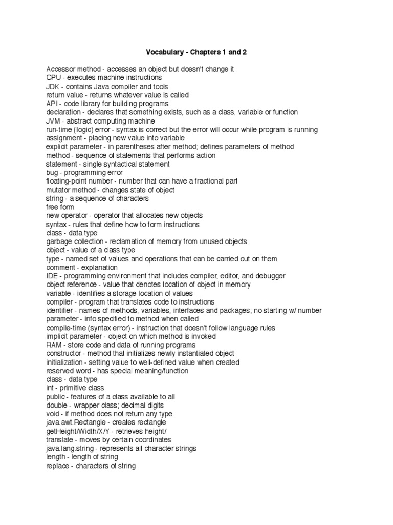 Java Vocabulary: Key Terms Explained | PDF | Teaching Methods ...