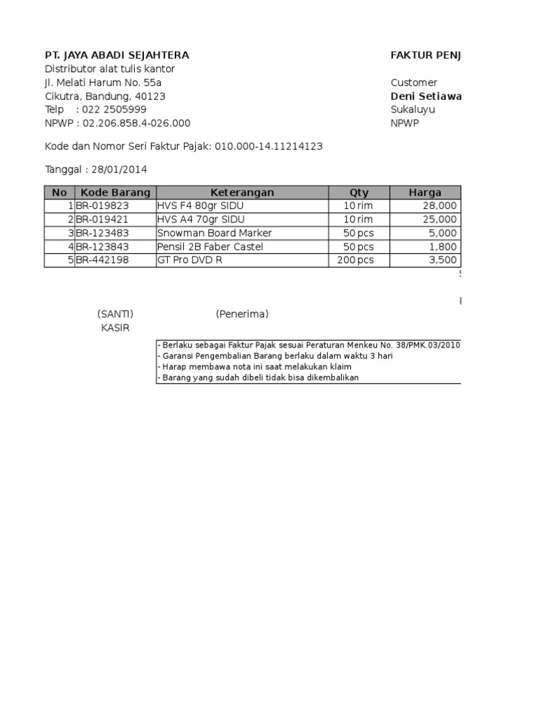 Contoh Faktur Penjualan Tunai