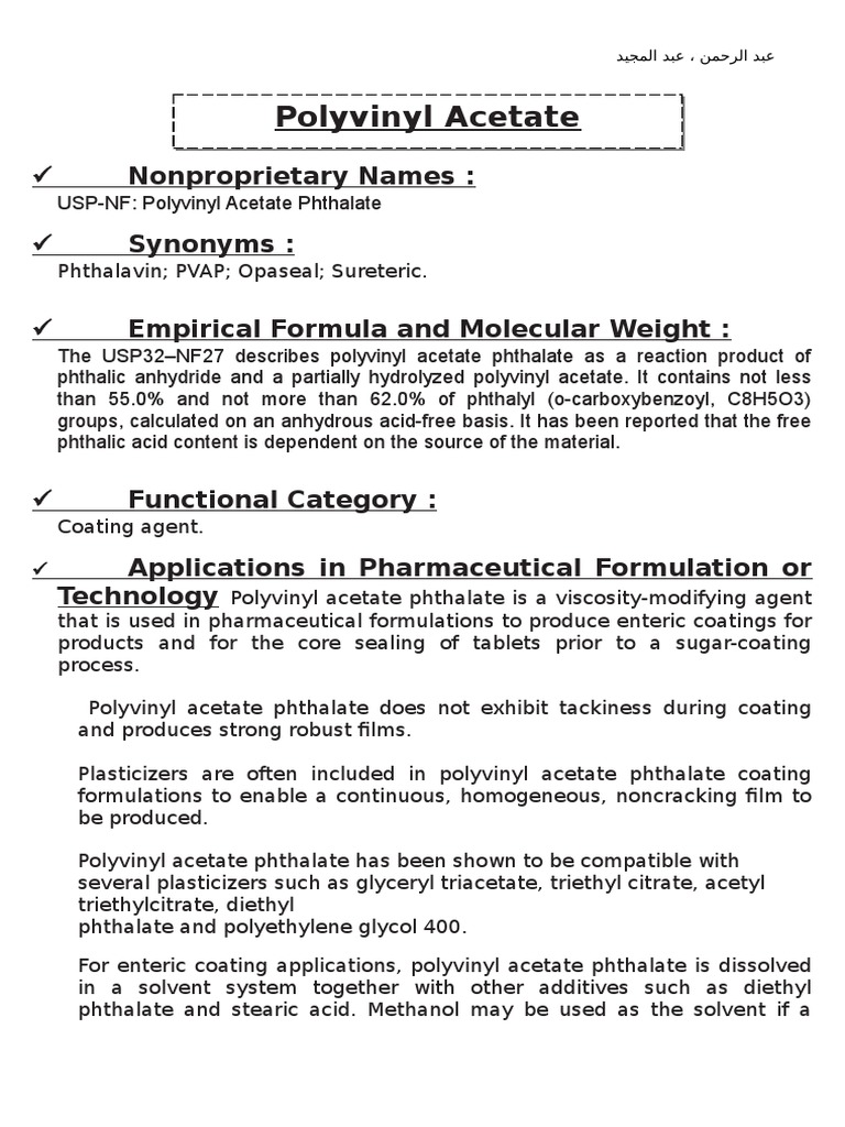 Polyvinyl Acetate Phthalate Tablet (Pharmacy) Solubility