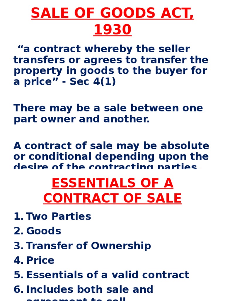 Sale of Goods Act, 1930 Ownership Sales