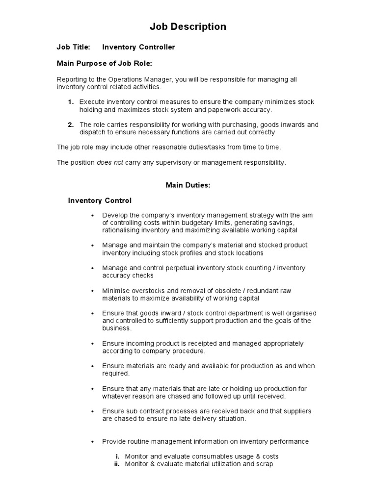 Job Description Inventory Controller PDF Inventory Production
