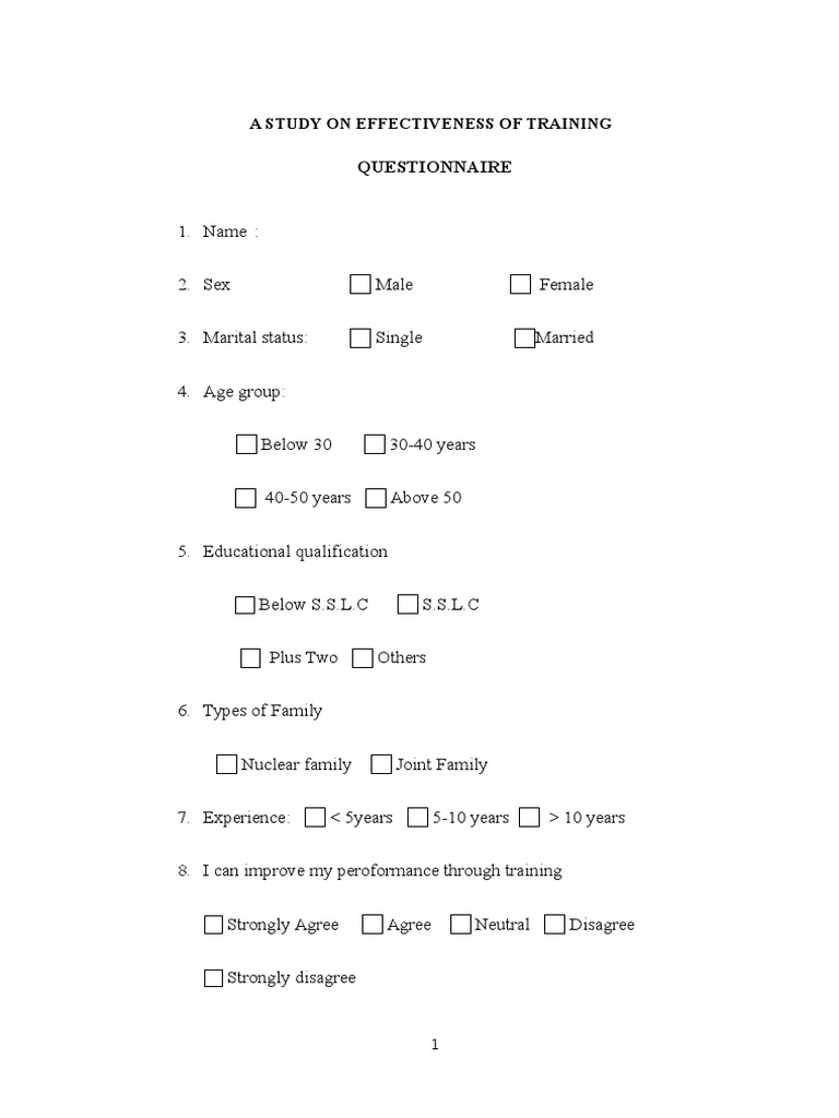 A Study On Effectiveness of Training: Questionnaire | PDF