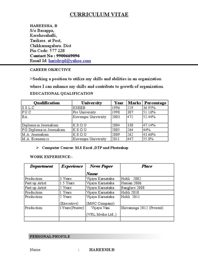 Curriculum Vitae: S/o Basappa, Kerehosahalli, Tarikere. at Post ...