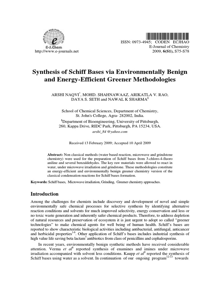Synthesis of Schiff Bases Using Greener Methodologies | PDF | Green ...