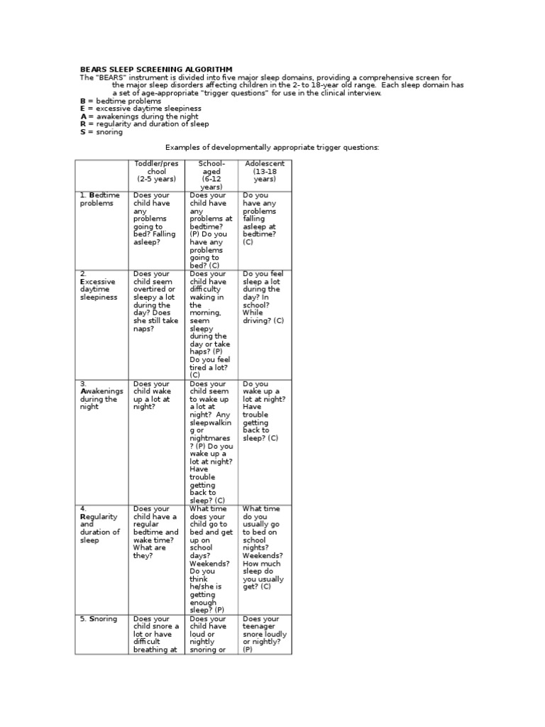 BEARS Sleep Screening Tool Overview | PDF