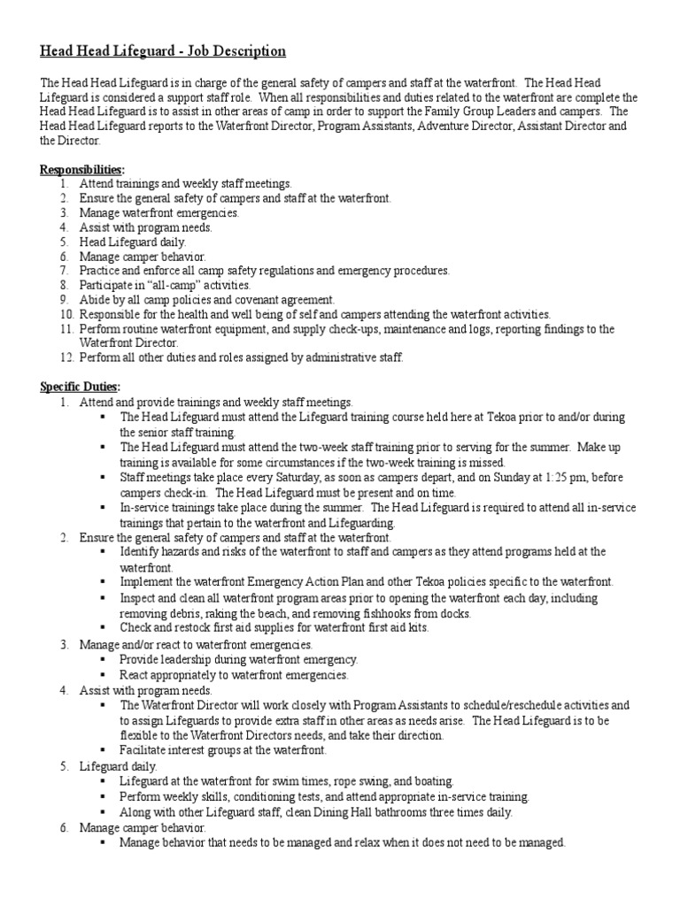 Head Lifeguard Job Description2014 PDF Camping Occupational