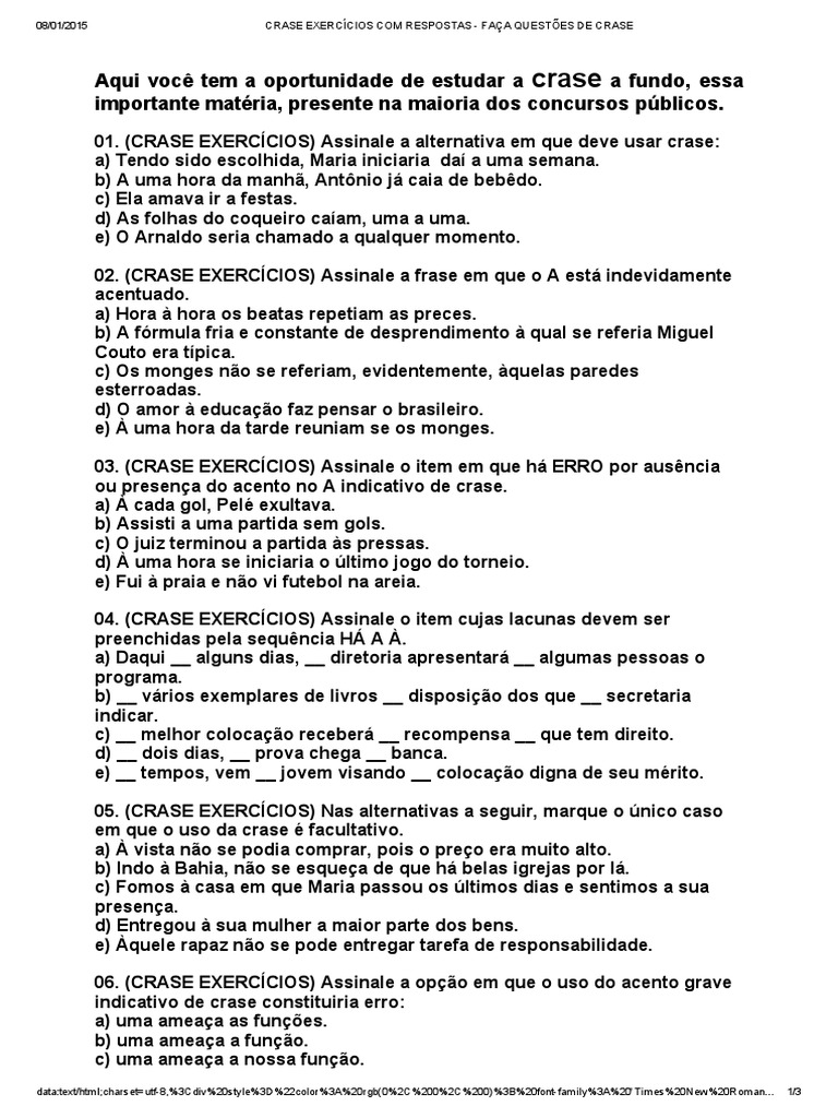 Crase Exercícios Com Respostas - Faça Questões de Crase | PDF